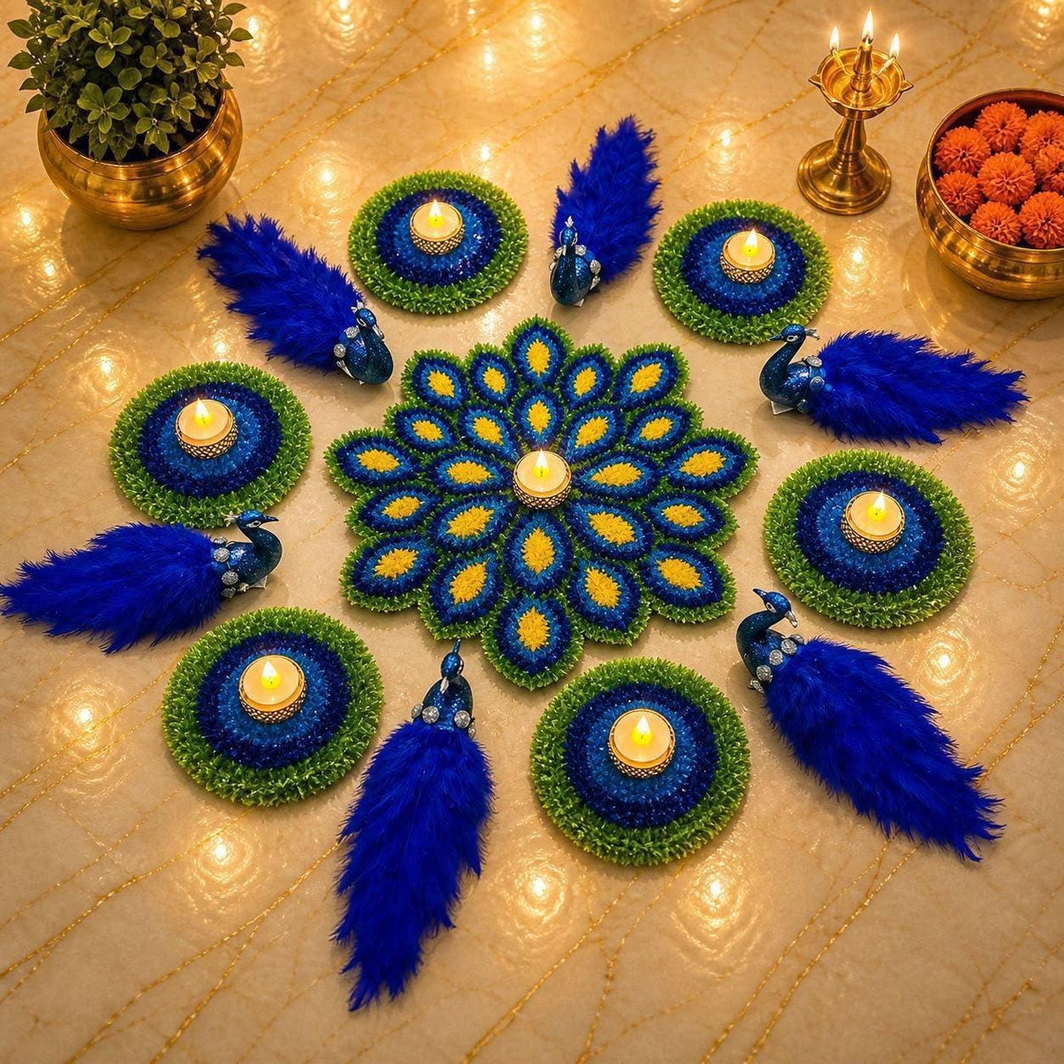Peacock Rangoli Mat Set | Indian Puja Aasan, Temple Decor