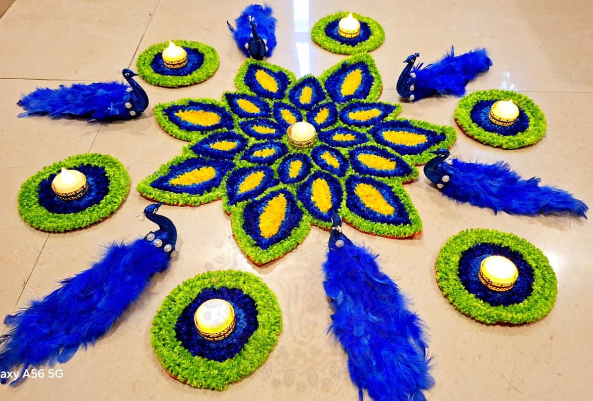 Peacock Rangoli Mat Set | Indian Puja Aasan, Temple Decor