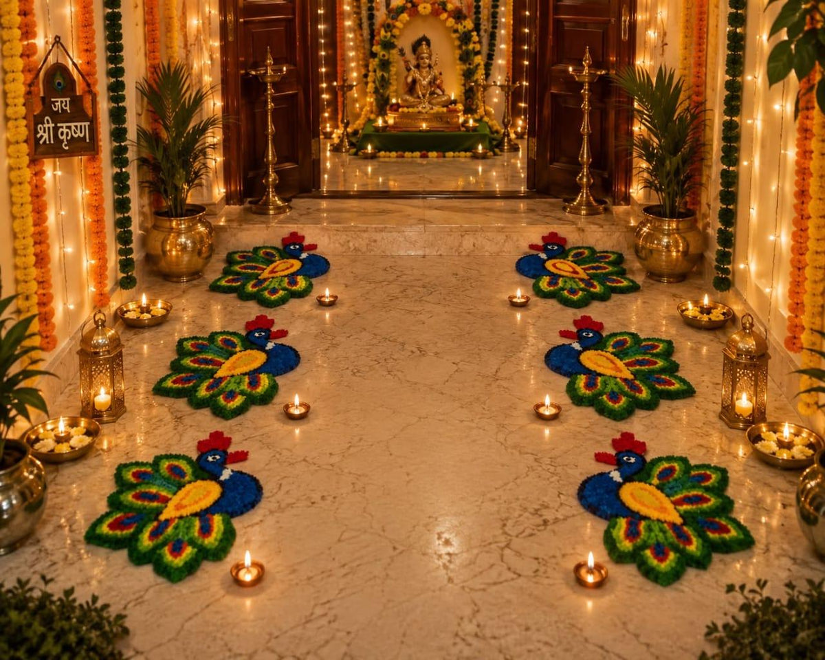 Handmade Peacock Rangoli Mats | Indian Puja Aasan, Temple Decor (6 Pack)