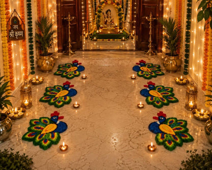 Handmade Peacock Rangoli Mats | Indian Puja Aasan, Temple Decor (6 Pack)