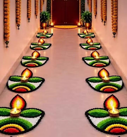 Handmade Diya Rangoli Feather Mats Set | Indian Puja Aasan, Temple Decor