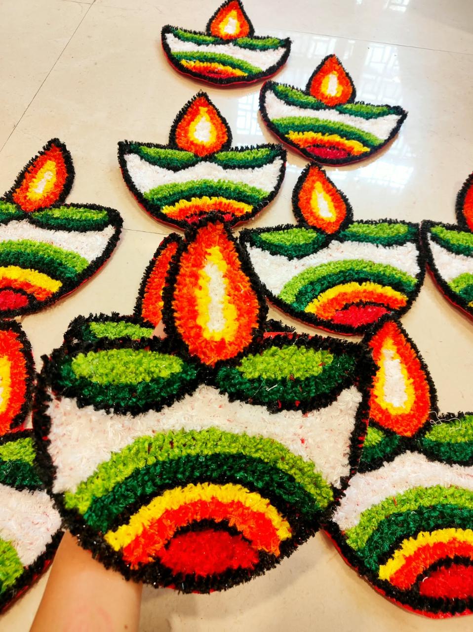 Handmade Diya Rangoli Feather Mats Set | Indian Puja Aasan, Temple Decor