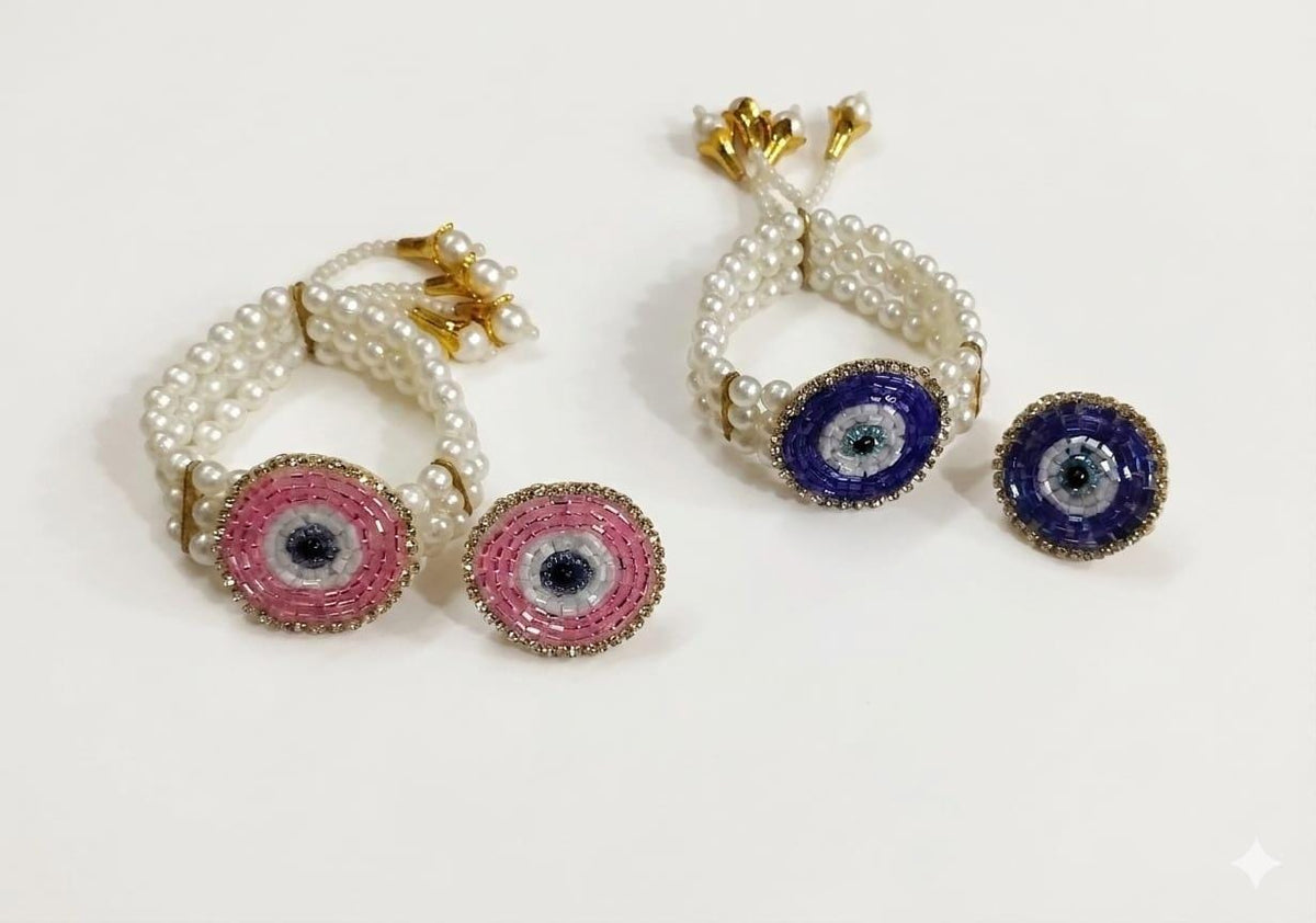 Pearl Kundan Peacock Feather Jewelry Set, Traditional Indian Wedding Bracelet Ring (Faux Pearl)